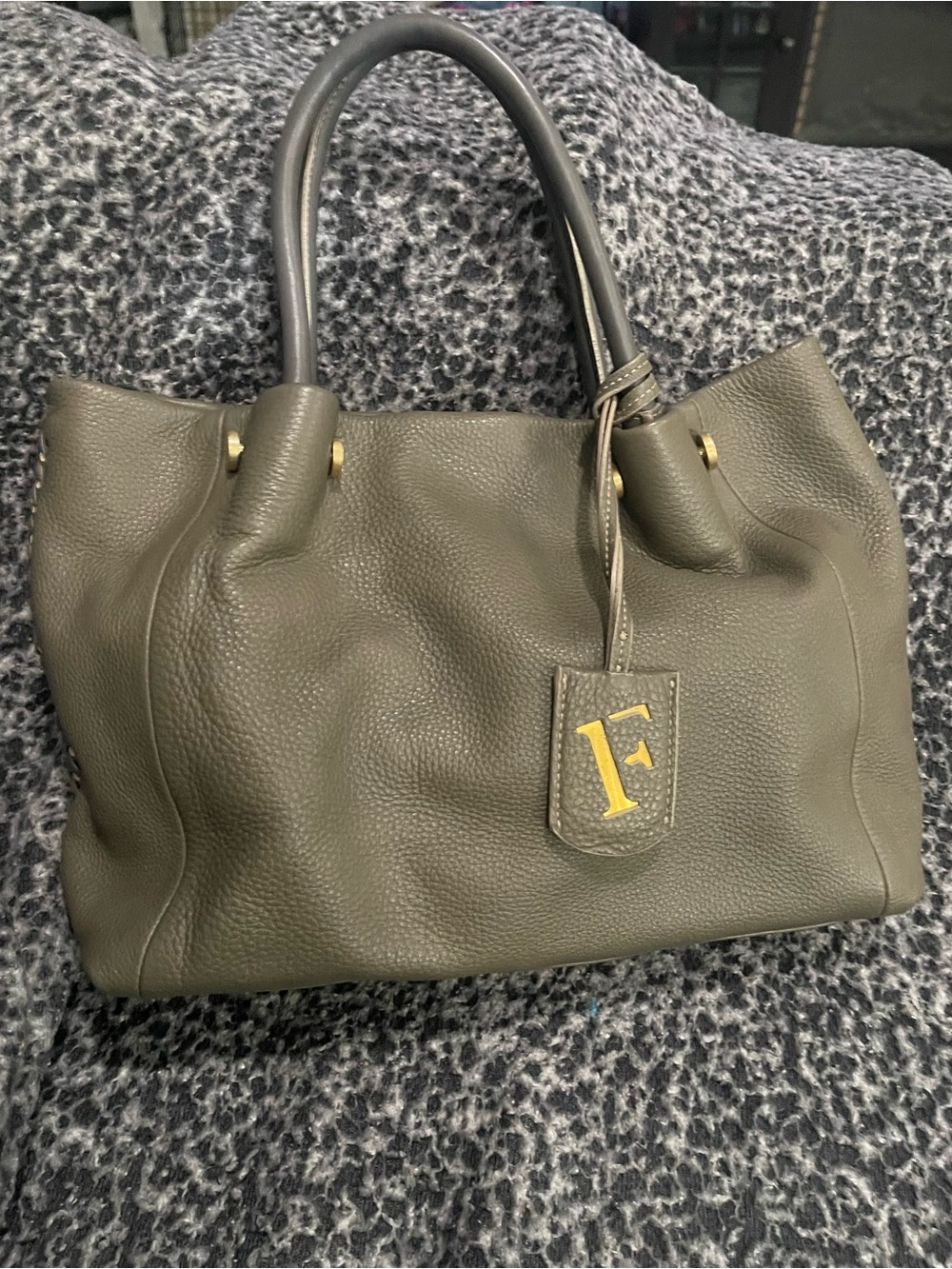 Furla Olive Pebbled Leather Tote with Gold Hangtag